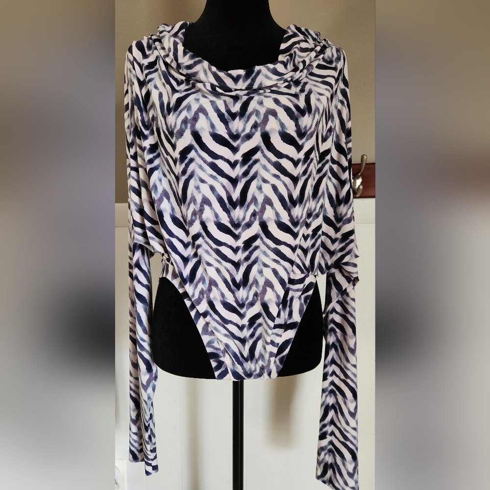 Norma Kamali Gray White Abstract Zebra Print Bodysuit